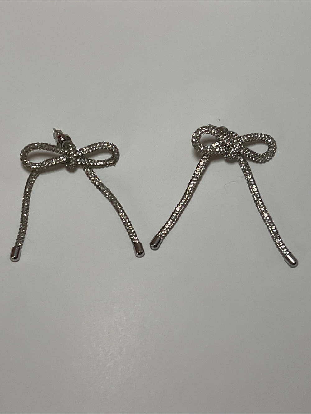 Rhinestone Bow Drop Earrings - Silver